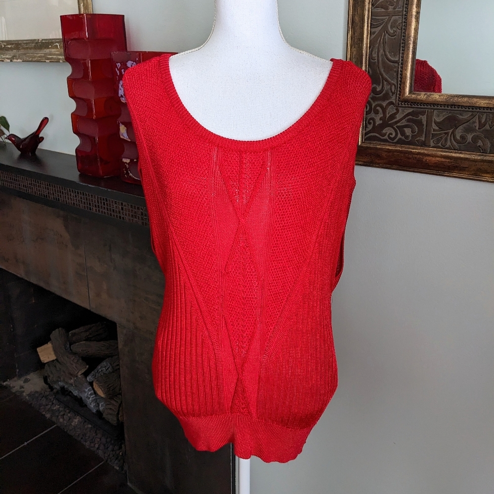 White House Black Market Large Stretch Cap Sleeve Cable Knit Sweater Top Red 144